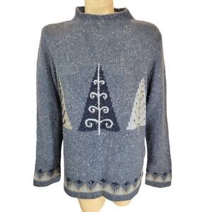 Victoria Jones Christmas Tree Wool Blend Sweater Blue Embroidered Sequin Medium